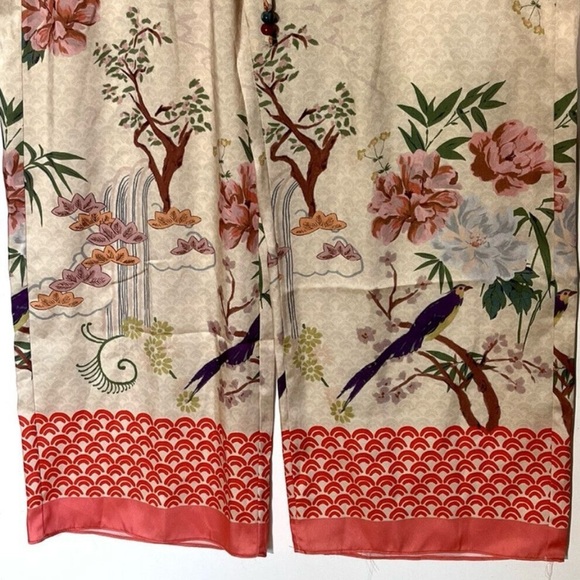 Zara Chinoiserie Silky Bird Floral Print Drawstring Wide Leg Cropped Pants - S - Picture 6 of 8